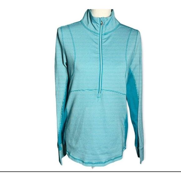 Title Nine Womens Striped Turquoise 1/4 zip Active Wear Pullover Size Large - Picture 1 of 4